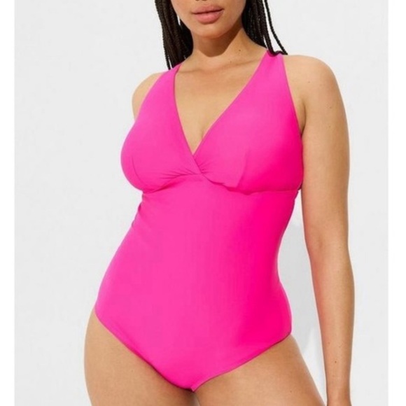 Torrid Hot Pink Wireless One Piece Swimsuit Plunging V-Neck - Picture 1 of 9